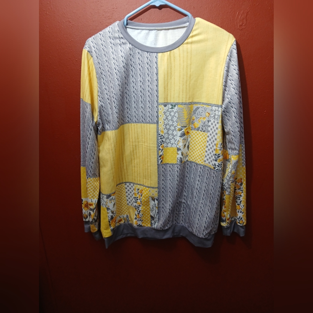 Gray And Yellow Patchwork Sweater - image 2